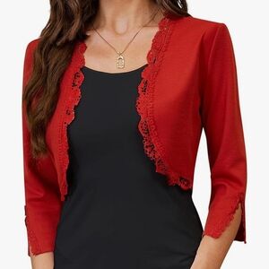 Size L Red Long Sleeves Curved Hem Bolero Jacket SweaRed Lace Trim Bolero Jacket